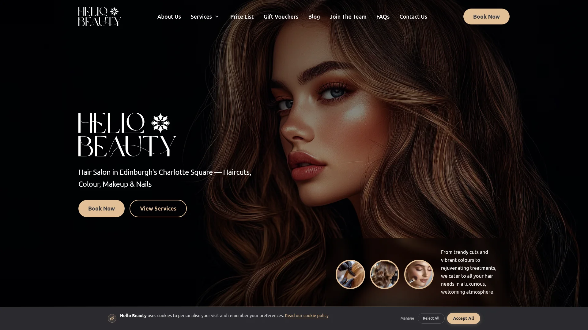 Live Hello Beauty Salon homepage with salon branding, service information and a Book Now link